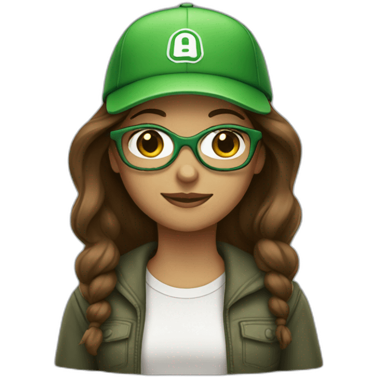 Brown haired girl with green cap and glasses emoji