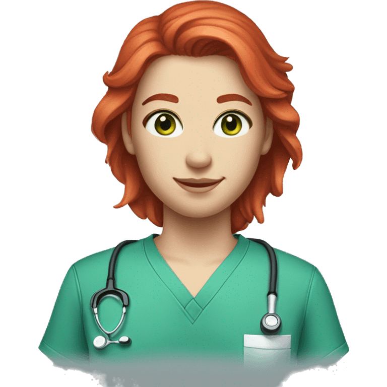 white skin bright red hair green eyes blue scrubs emoji