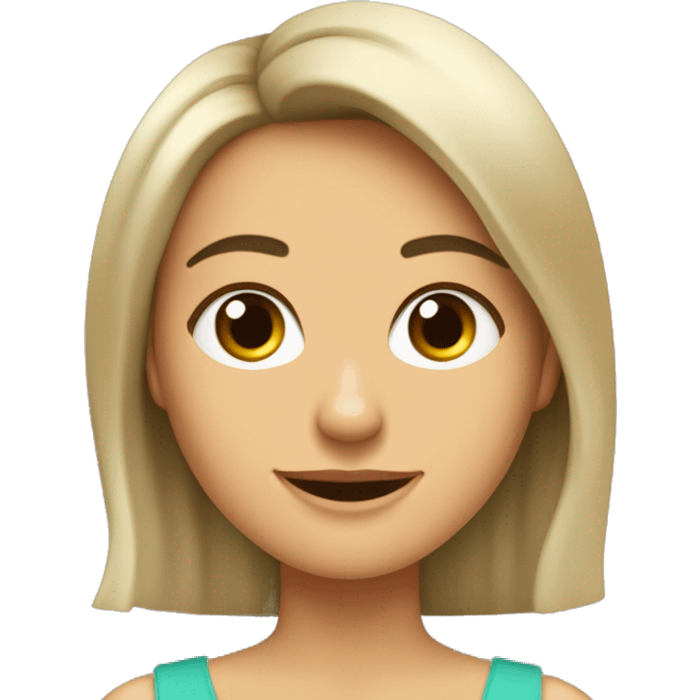 Mujer, morena, melena a la altura del hombro, flequillo recto, ojos castaños oscuros, sonriente, con hoyuelos, emoji