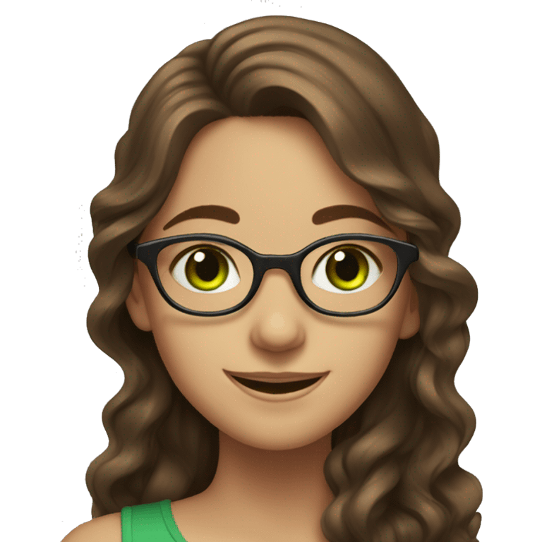 long wavy brown hair, green eyes glasses, smiling girl emoji