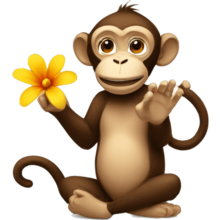 a monkey waves hands while holding a flower emoji