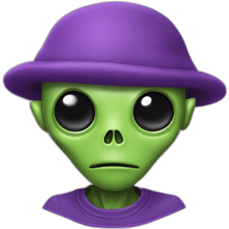 a small green alien with one eye. He wears a purple cap and a purple shirt with a skull on it. He has two small antennas protruding from his head. emoji