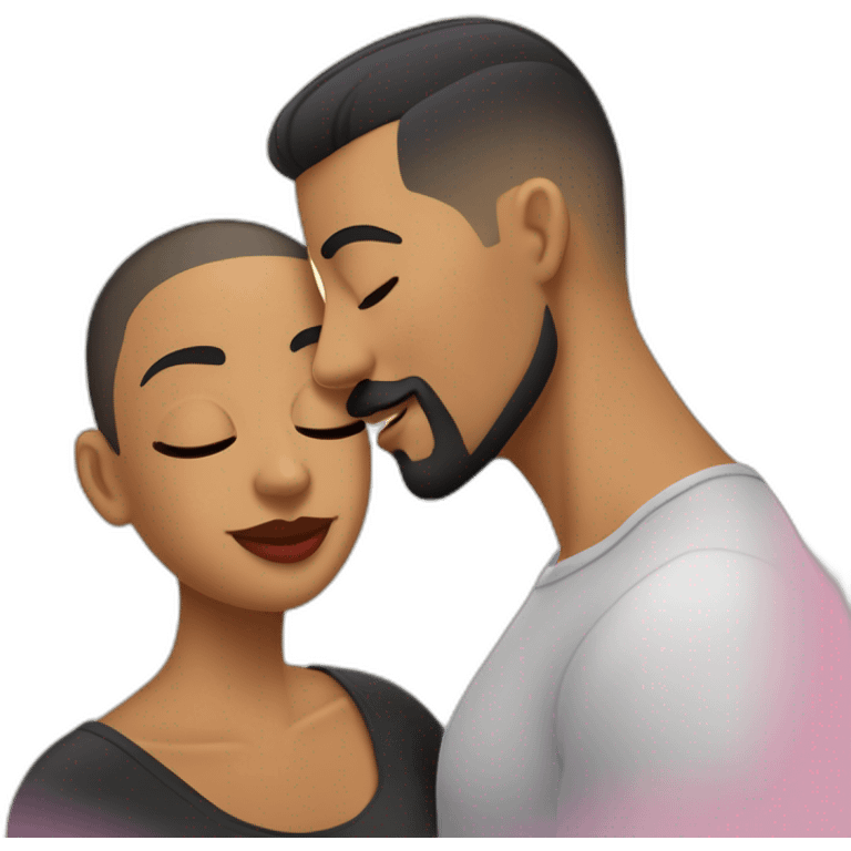 “White latino man with a buzz cut and skin black hair fade, thin beard, and well-defined mustache by a barber, kissing a  Black Latina woman with very straight hair and large earrings.” emoji