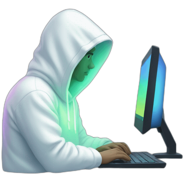 developer using white hoodie at computer, iridescent light emoji