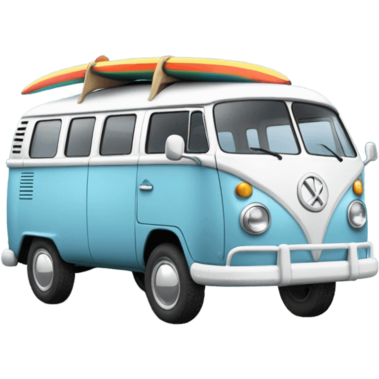 light blue kombi with surfboard on the roof at the beach emoji