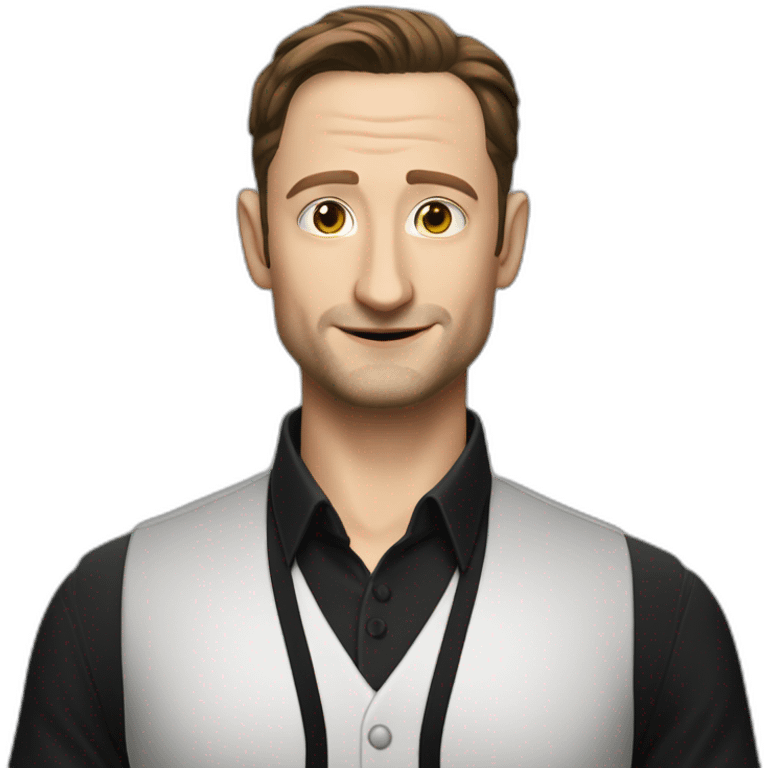 tim robinson dark slicked back hair white shirt, black vest emoji