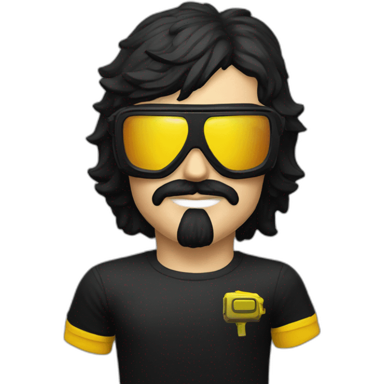 Dr. Disrespect with a black t-shirt with the shrapnel video game logo on it in yellow emoji