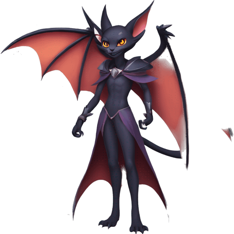  Anthro Kawaii Edgy Cool Vampiric Demonic Beautiful Noivern-Nargacuga-Litten with big Bat Ears and wearing a cape full body emoji