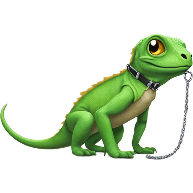 Lizard walking his human pet in a collar on a leash  emoji