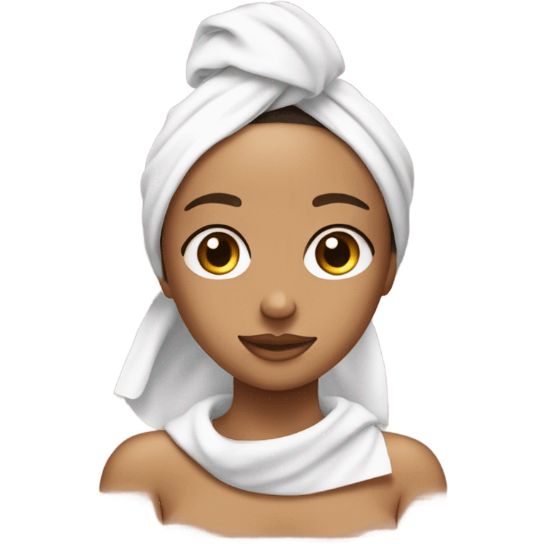 Tan girl with towel on her head and two front peices hanging out with a skincare mask on her face emoji