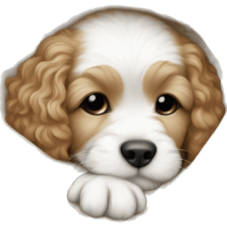 white and beige cavapoo puppy sleeping with a blanket emoji