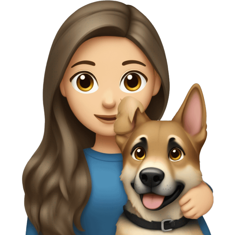 Brunette girl with blonde highlights and blue eyes cuddled with a German shepherd  emoji