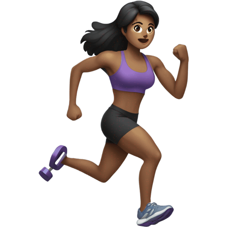 Woman with dark hair running and lifting weights emoji