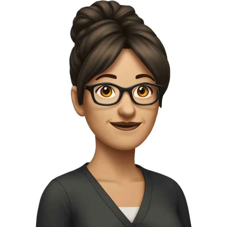 brunette woman middle aged with dark trimmed glasses, bangs and a bun  emoji