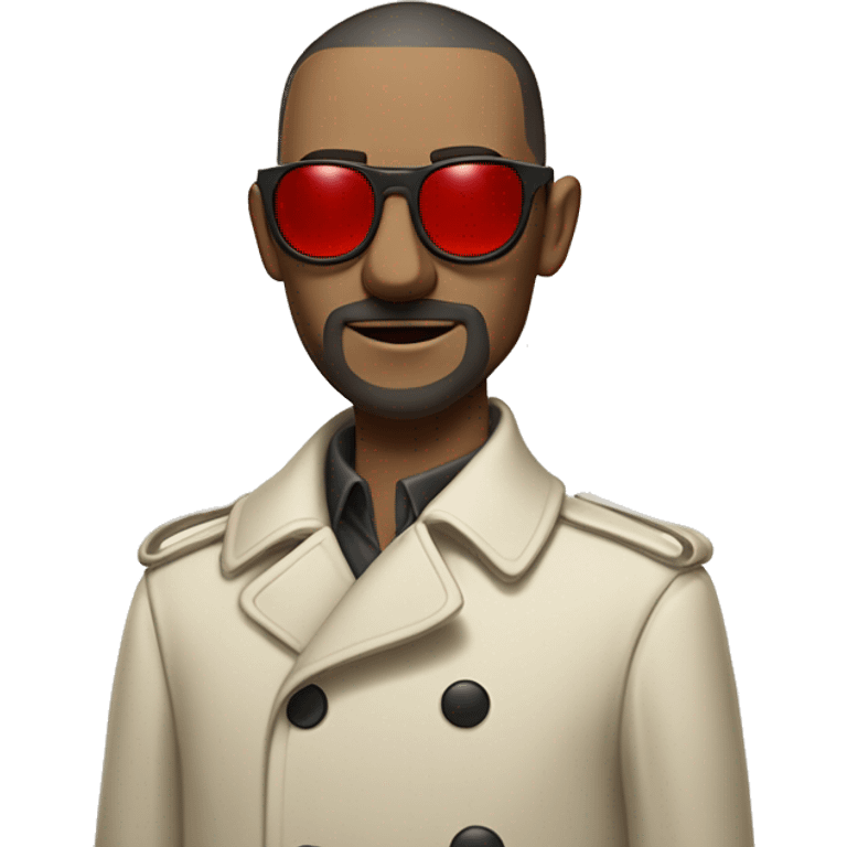 <excerpt>
A 1930s white man with real buzz cut Black hair, beard stubble donning small red tinted sun glasses in a dirty white trench coat, is serious.
</excerpt> emoji