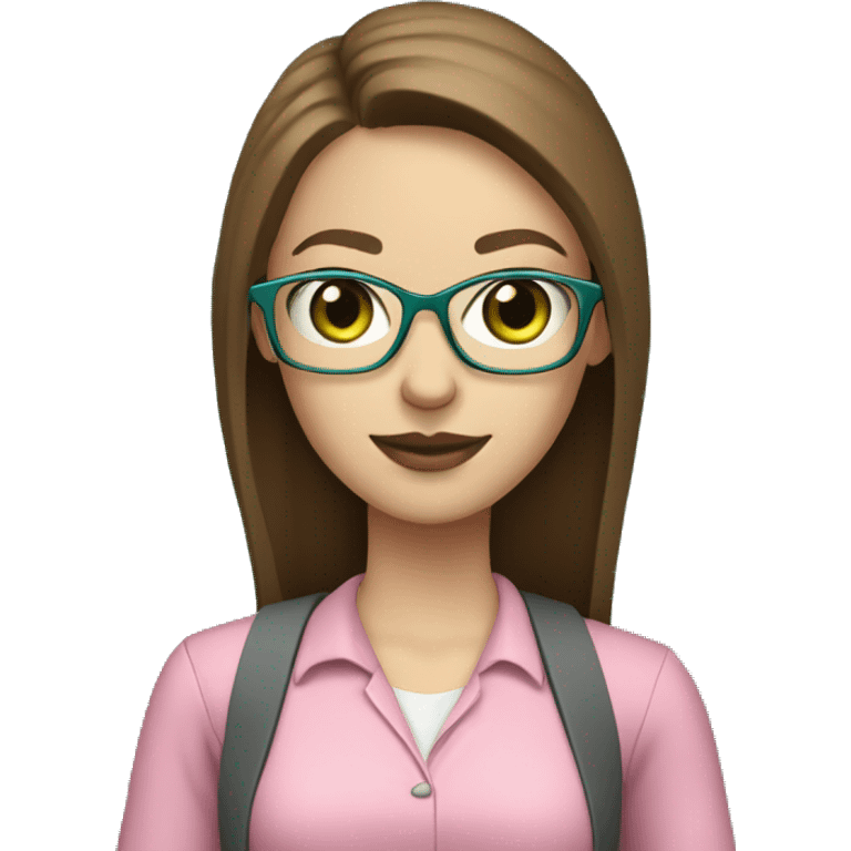 Female coding teacher featuring a laptop. She has long brunette hair, green eyes, pale skin, teal eye glasses, rose lips, and a pink feminine shirt emoji