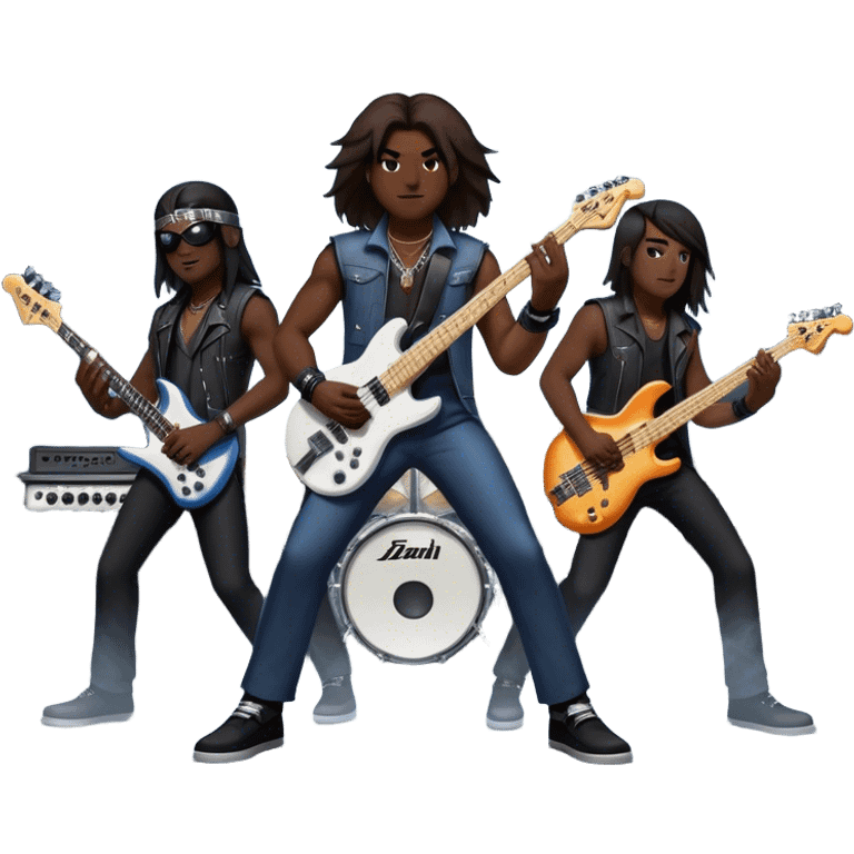 Icon for Metal Music: metal band on stage with 4 musicians playing electric guitars, bass, and drums. The atmosphere is intense, with flashing lights, smoke, and energetic stage presence. The vibe is powerful and electric. Transparent background. emoji