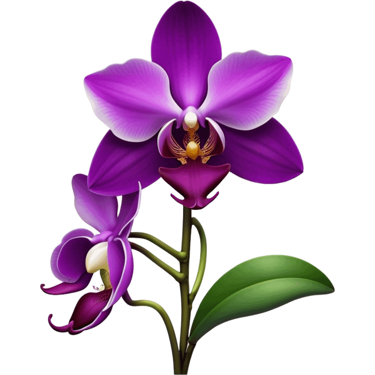 Cinematic Realistic Orchid Emoji, Exotic and elegant, with intricate, velvety petals in deep purple and white, forming a delicate and symmetrical blossom. The slender green stem holds the flower high, while surrounding leaves add lush contrast. Soft glowing outline, capturing the essence of rare beauty and sophistication in a captivating orchid. emoji