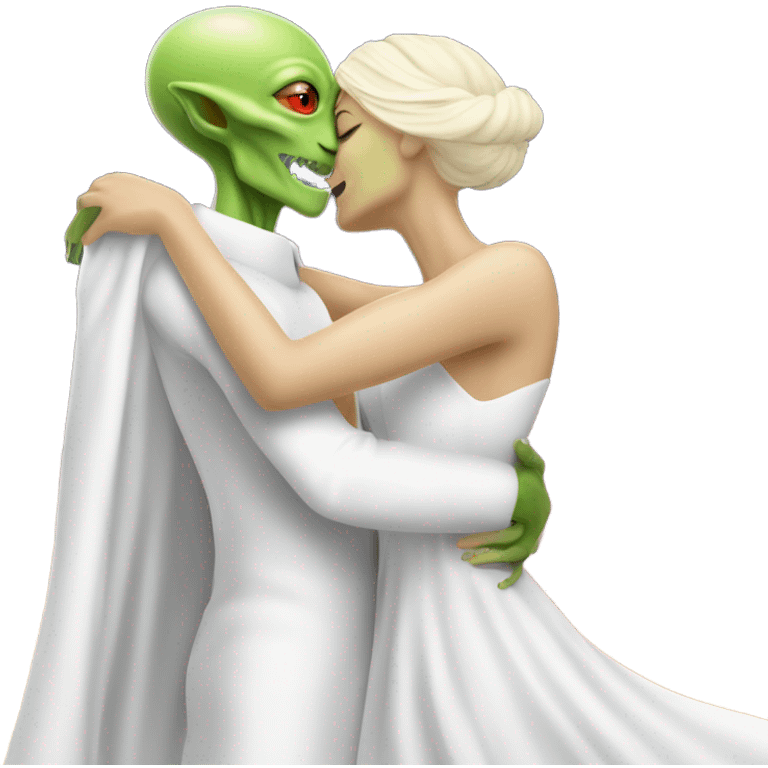 Alien reptilian woman in white dress hugs and kissing White man emoji