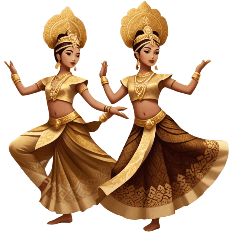 ​Cinematic Realistic Traditional Javanese Dancers, depicted as two graceful dancers in ornate traditional costumes with intricate batik patterns and elaborate headpieces, captured in dynamic poses during a ritual dance in an ancient temple courtyard, rendered with soft golden lighting and rich cultural textures, emoji