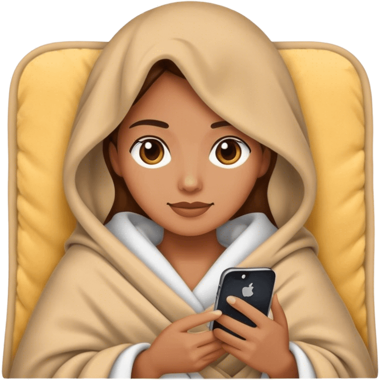 realistic woman in cozy blanket with iPhone, iPhone style emoji emoji