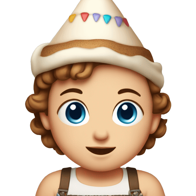 A cute blue-eyed baby with brown hair in a festive hat and a cake emoji