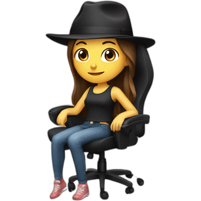 girl with brown hair sitting on a gaming chair, wearing a black hat emoji