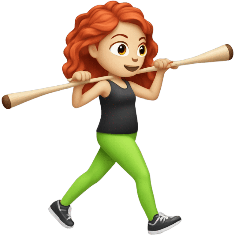 Red headed girl doing a workout with a musical drumstick in each hand but make the drumsticks lime green  emoji