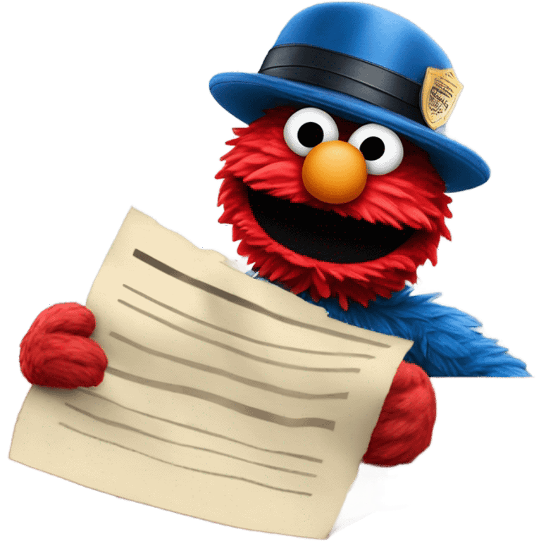 Elmo as a police officer giving Cookie Monster a speeding ticket that says “fanum tax” on it  emoji