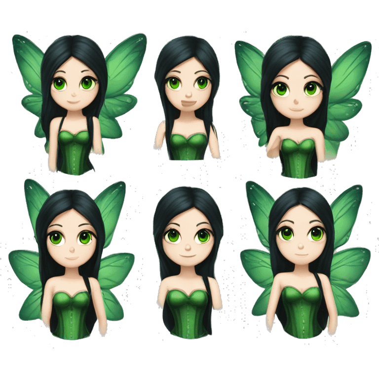 Fairy with long black hair pale skin deep green eyes green wings and green corset emoji