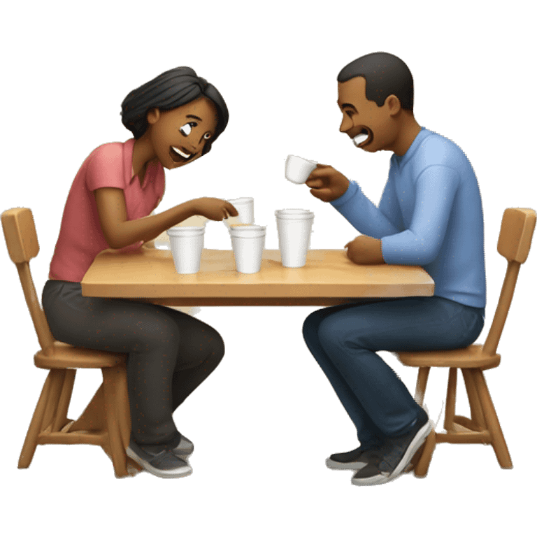 An emoji of a family—mother, father, and child—sitting at a table, playing a cup game with paper cups arranged on the table as they have fun together emoji