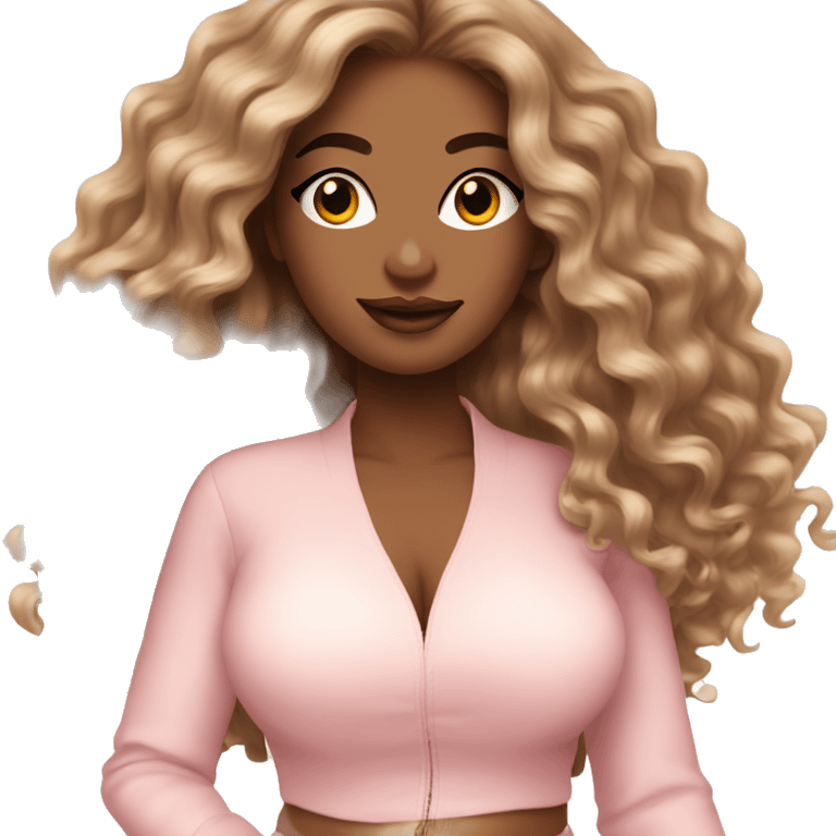 beauty influencer with long textured hair, curvaceous body and light pink clothing emoji