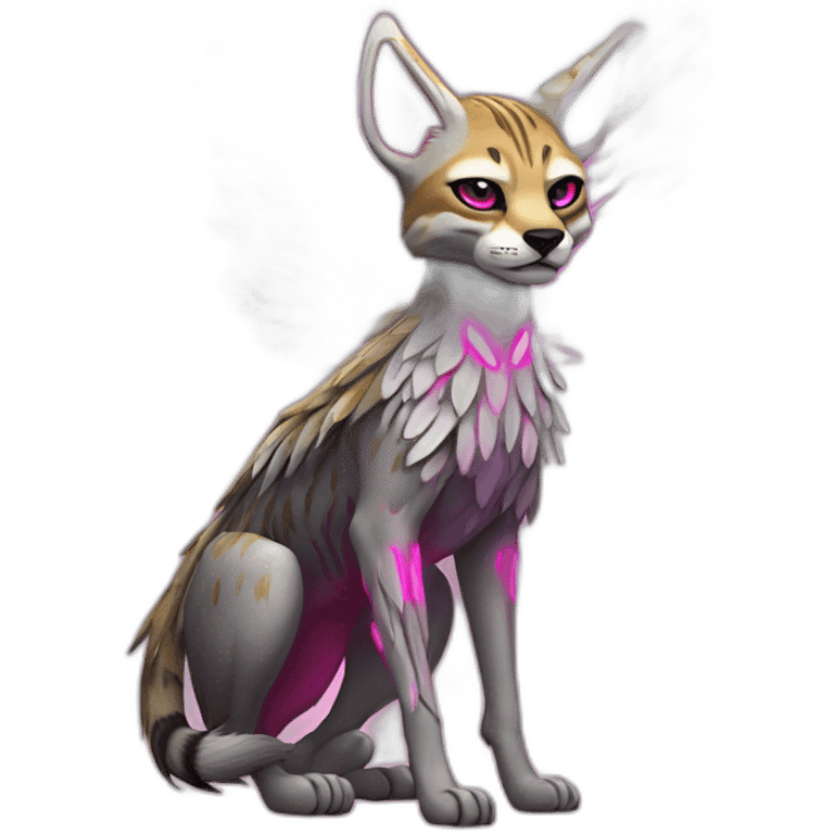 Coyote ocelot standing with grey and black fur and phoenix wings on back and pink ears half skeleton, neon lights emoji