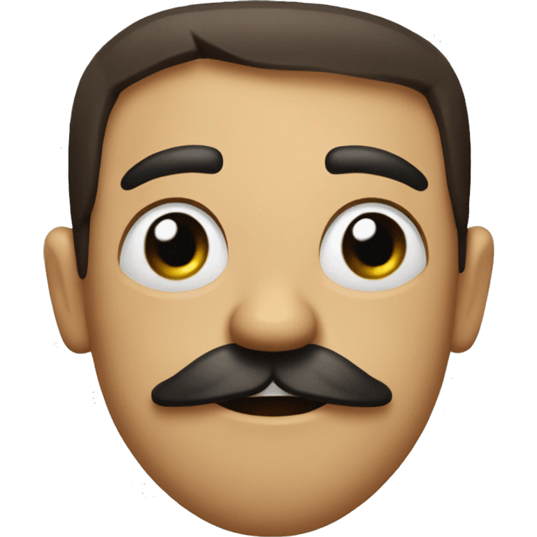 a square emoji with the right eye closed, both arms raised, triangle nose, frowning mouth, with 2 teeth, straight hair, with a mustache, the left eye an x, with a heart tattoo emoji