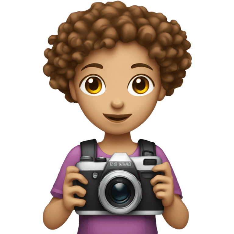 girl whit brown curly hair and fair skin holding a digital camera emoji