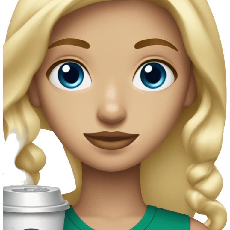 blonde girl blue eyes with Starbucks cup drink emoji