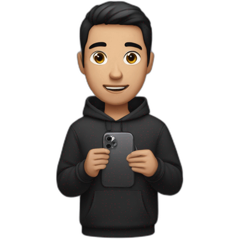 A man wearing a black hoodie, short black hair, and brown eyes, holding an iPhone 15 Pro in his hand emoji