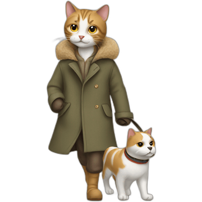 cat in a coat walking with a dog emoji