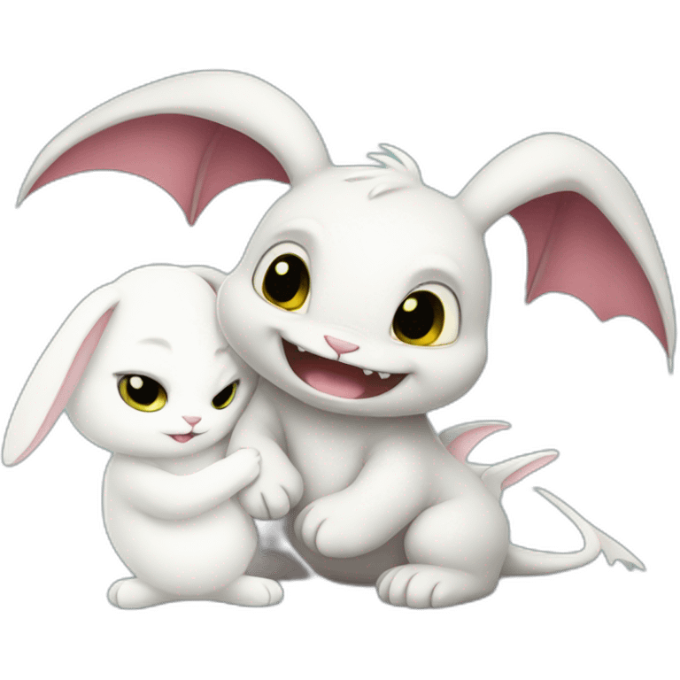 Toothless the dragon hugging a white bunny emoji