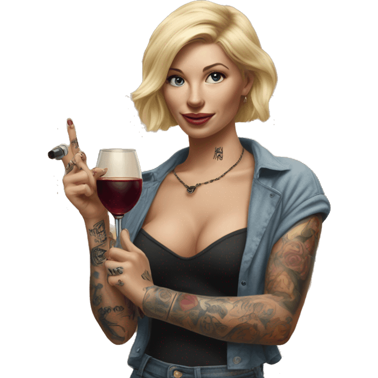 Blonde women in, her body covered with tattoos, wine in her one hand, pointing cat with her other hand, Hyper realistic  emoji