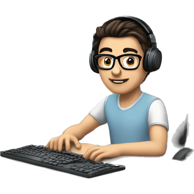 white boy with dark hair and glasses wearing gaming headset and sitting at desk on desktop computer   emoji