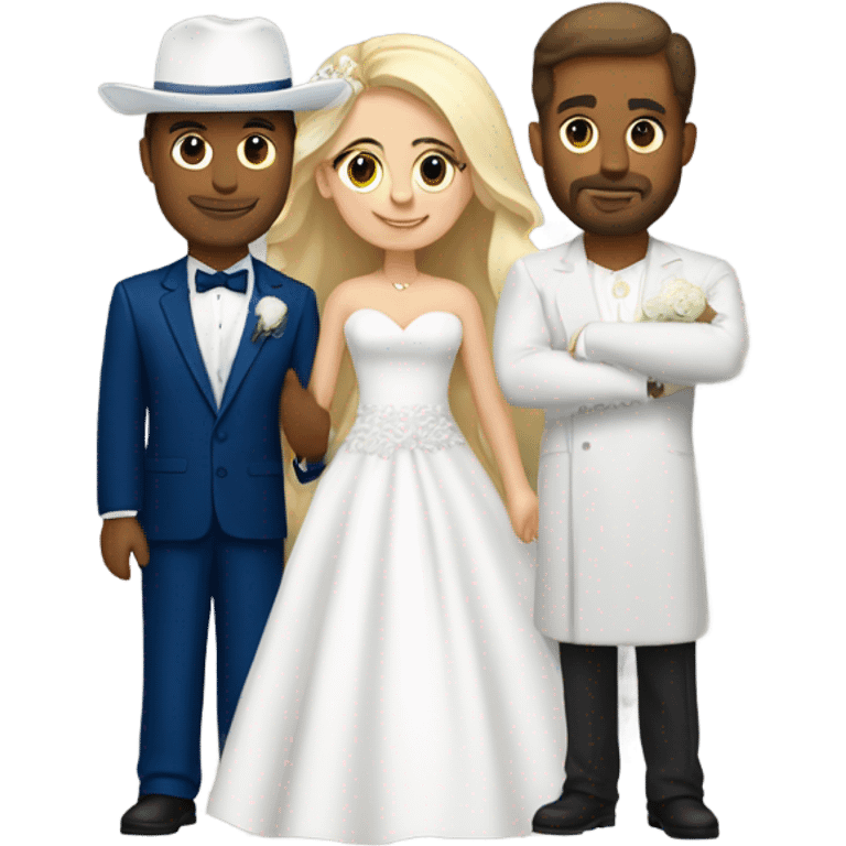 Puerto rican beard short hair with blue hat and navy blue suit getting Married with blond long hair girl with white  wedding dress  emoji