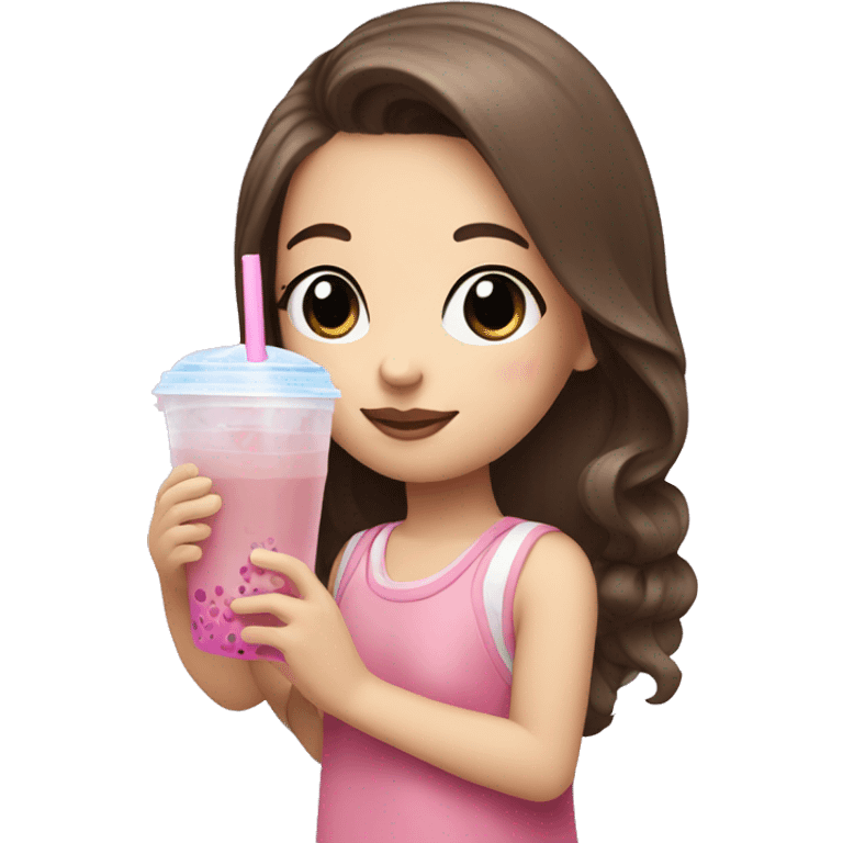 Girl with brown hair and blue eyes drinking pink bubble tea emoji