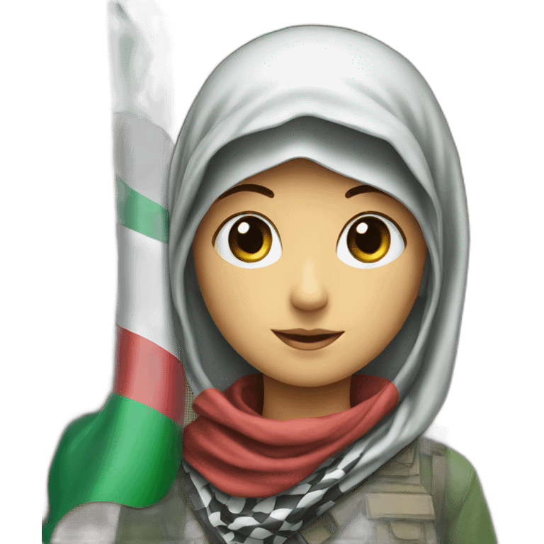 A child wearing a keffiyeh raises the Palestinian flag emoji