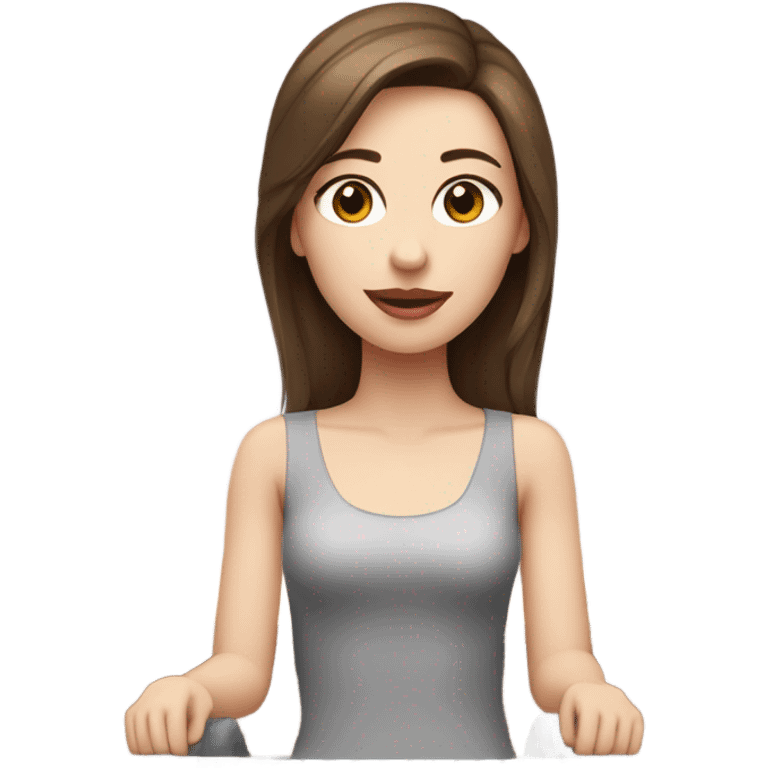 Pretty girl with brown hair, brown eyes, pale skin and pink lips  is sitting on a desk with a computer emoji