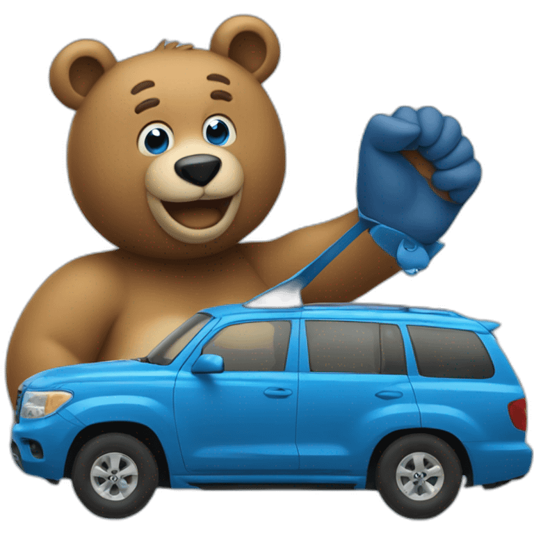 Blue Color work Car with the Bear in his Left Hand and the Big Smile in Face emoji