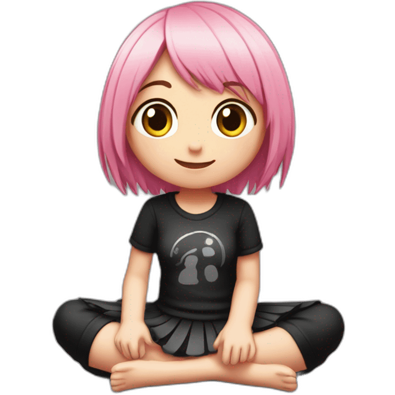 Full body Front view curvy emo girl pink hair sits on the floor straight view hands up black skirt белые трусики полосатые рваные чулки emoji