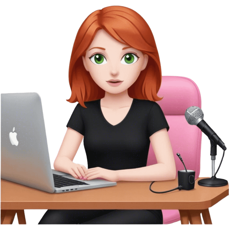 Redhead with green eyes sat at desk with pink MacBook and  podcast microphone black top and pink chair  emoji