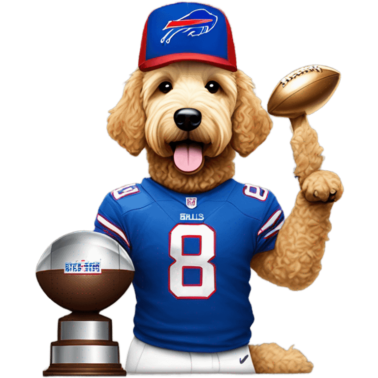 Golden doodle wearing a buffalo bills cap and holding up the Super Bowl trophy  emoji