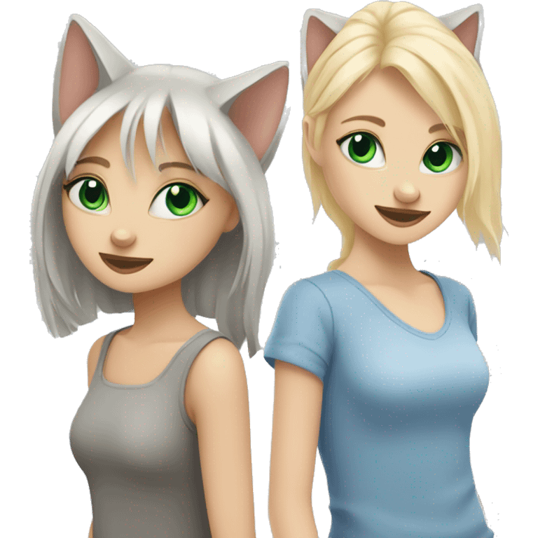 blue eyes grey kitten and green eyes blonde girl are friends emoji